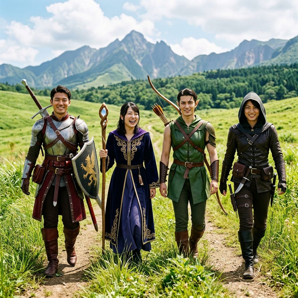 Four fantasy adventurers walking along a meadow trail with mountains behind them